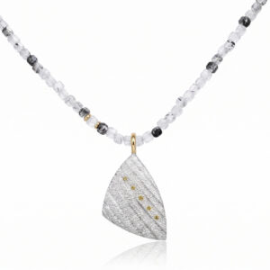Textured fine silver, yellow diamond and 18 ct yellow gold pendant on tourmalinated quarts necklace