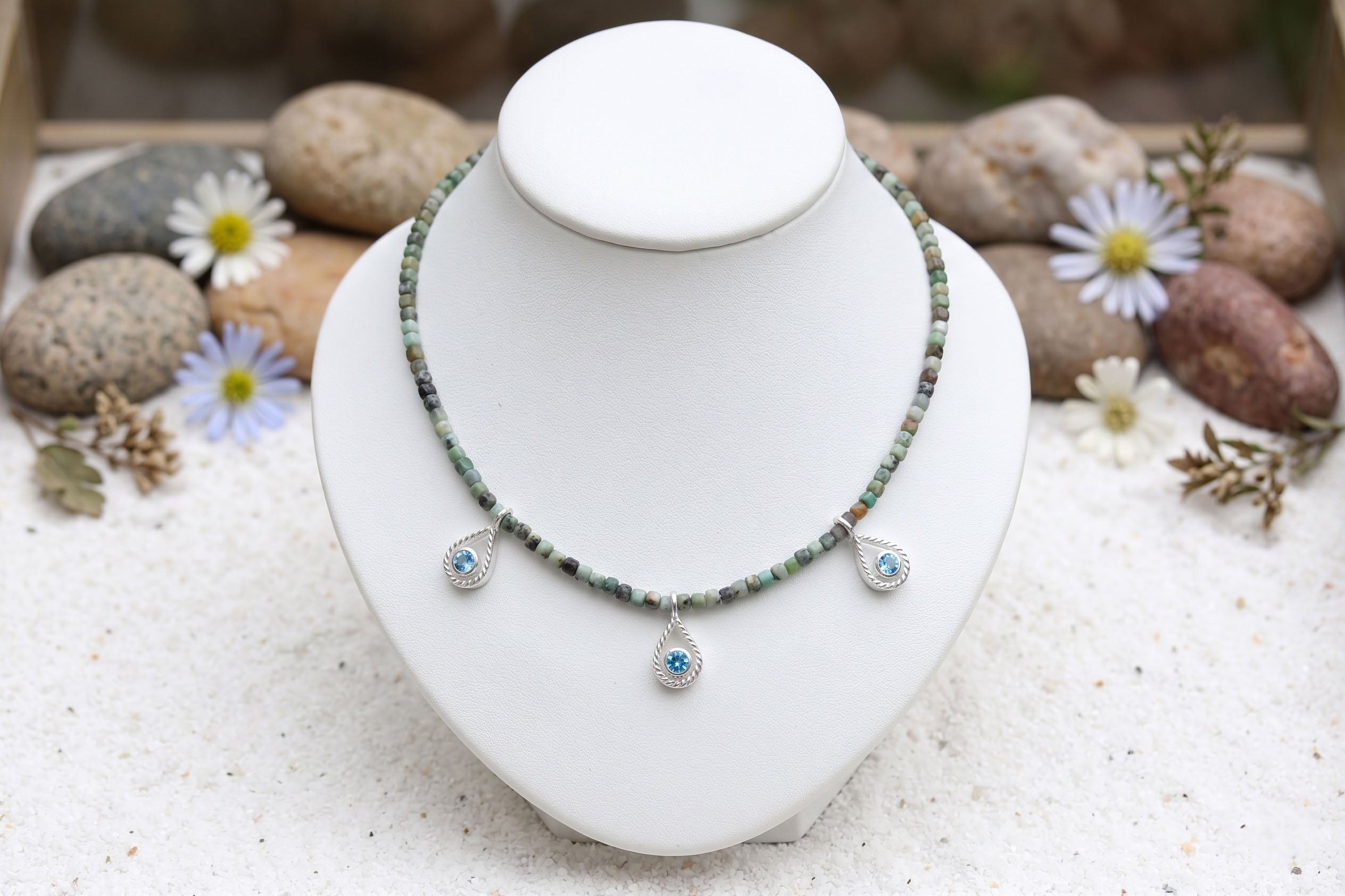 Silver and Topaz 'Ripple' necklace on African Turquoise beads